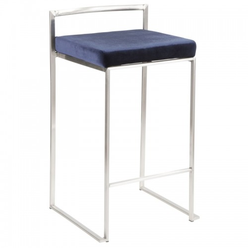 Set of 2 Contemporary Stackable Counter Stools in Stainless Steel with Blue Velvet Cushion Fuji