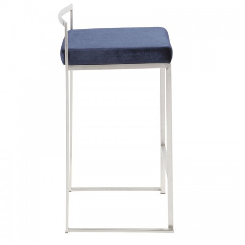 Set of 2 Contemporary Stackable Counter Stools in Stainless Steel with Blue Velvet Cushion Fuji