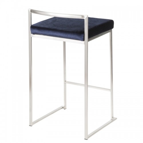 Set of 2 Contemporary Stackable Counter Stools in Stainless Steel with Blue Velvet Cushion Fuji