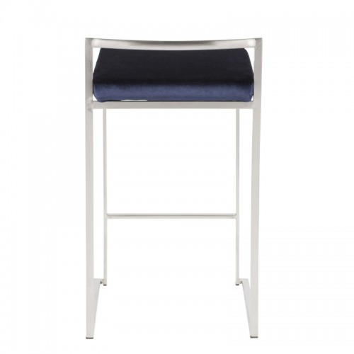 Set of 2 Contemporary Stackable Counter Stools in Stainless Steel with Blue Velvet Cushion Fuji