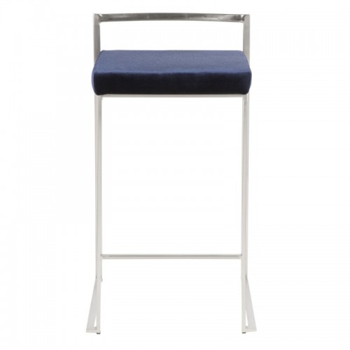 Set of 2 Contemporary Stackable Counter Stools in Stainless Steel with Blue Velvet Cushion Fuji