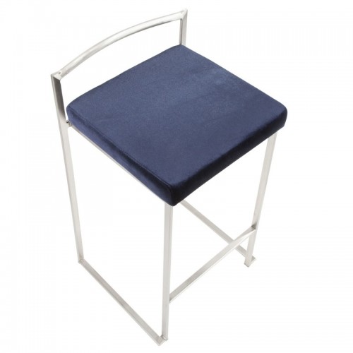 Set of 2 Contemporary Stackable Counter Stools in Stainless Steel with Blue Velvet Cushion Fuji