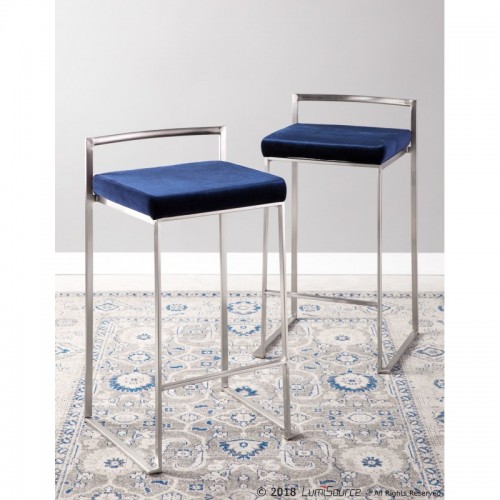 Set of 2 Contemporary Stackable Counter Stools in Stainless Steel with Blue Velvet Cushion Fuji