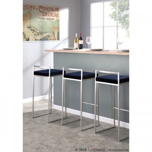 Set of 2 Contemporary Stackable Counter Stools in Stainless Steel with Blue Velvet Cushion Fuji