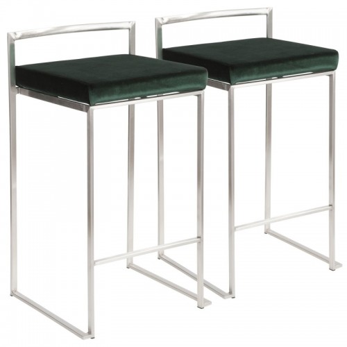 Set of 2 Contemporary Stackable Counter Stools in Stainless Steel with Green Velvet Cushion Fuji