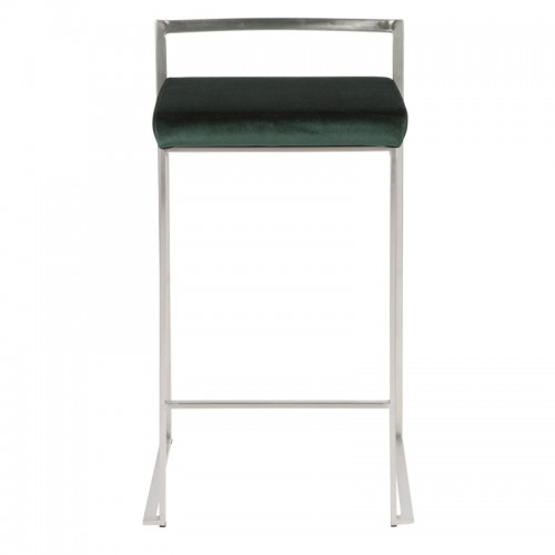 Set of 2 Contemporary Stackable Counter Stools in Stainless Steel with Green Velvet Cushion Fuji