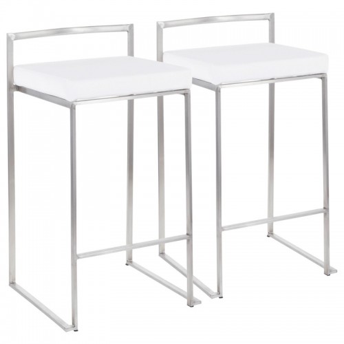 Set of 2 Contemporary Stackable Counter Stools in Stainless Steel with White Velvet Cushion Fuji