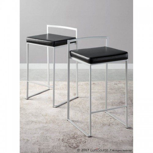 Set of 2 Contemporary Stackable Counter Stools in White with Black Faux Leather Cushion Fuji