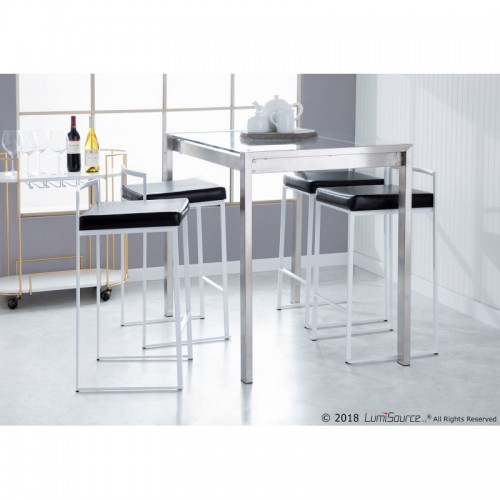Set of 2 Contemporary Stackable Counter Stools in White with Black Faux Leather Cushion Fuji