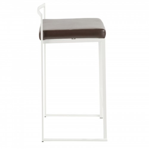Set of 2 Contemporary Stackable Counter Stools in White with Brown Faux Leather Cushion Fuji