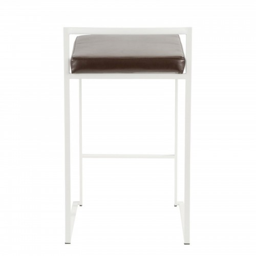 Set of 2 Contemporary Stackable Counter Stools in White with Brown Faux Leather Cushion Fuji