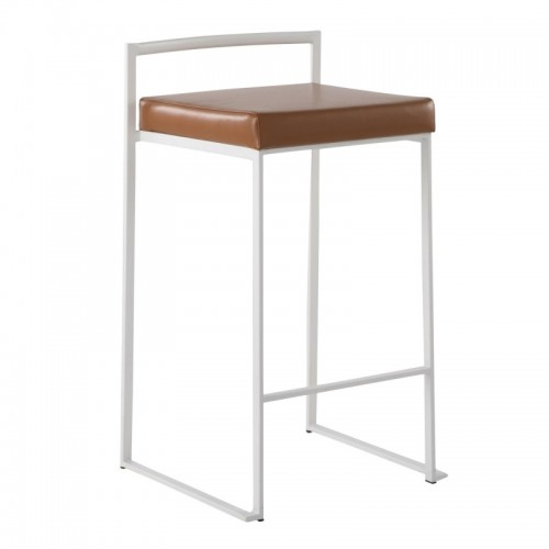 Set of 2 Contemporary Stackable Counter Stools in White with Camel Faux Leather Cushion Fuji