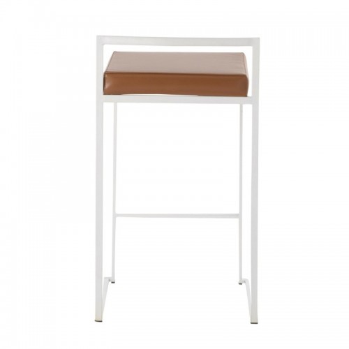 Set of 2 Contemporary Stackable Counter Stools in White with Camel Faux Leather Cushion Fuji