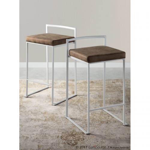Set of 2 Contemporary Stackable Counter Stools in White with Brown Cowboy Fabric Cushion Fuji