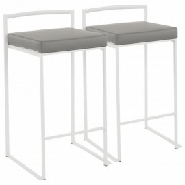 Set of 2 Contemporary Stackable Counter Stools in White with Grey Faux Leather Cushion Fuji