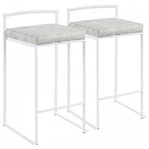 Set of 2 Contemporary Stackable Counter Stools in White with Light Grey Cowboy Fabric Cushion Fuji