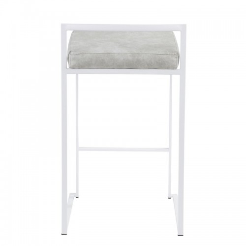 Set of 2 Contemporary Stackable Counter Stools in White with Light Grey Cowboy Fabric Cushion Fuji