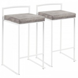 Set of 2 Contemporary Stackable Counter Stools in White with Stone Cowboy Fabric Cushion Fuji