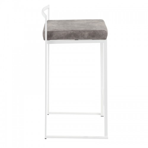 Set of 2 Contemporary Stackable Counter Stools in White with Stone Cowboy Fabric Cushion Fuji