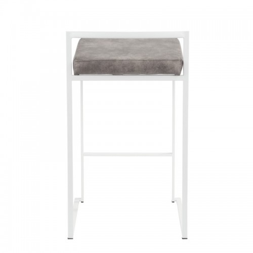 Set of 2 Contemporary Stackable Counter Stools in White with Stone Cowboy Fabric Cushion Fuji