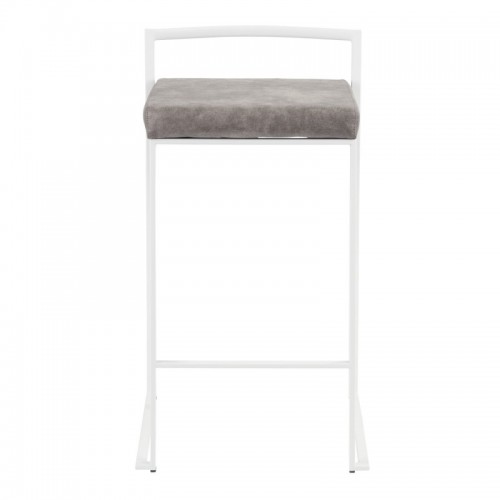 Set of 2 Contemporary Stackable Counter Stools in White with Stone Cowboy Fabric Cushion Fuji