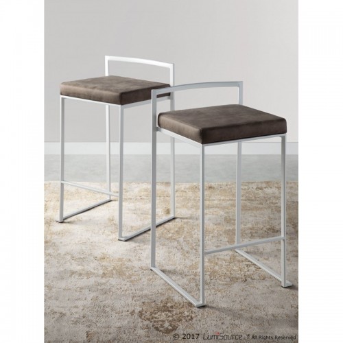 Set of 2 Contemporary Stackable Counter Stools in White with Stone Cowboy Fabric Cushion Fuji