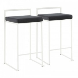 Set of 2 Contemporary Stackable Counter Stools in White with Black Velvet Cushion Fuji