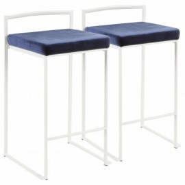 Set of 2 Contemporary Stackable Counter Stools in White with Blue Velvet Cushion Fuji
