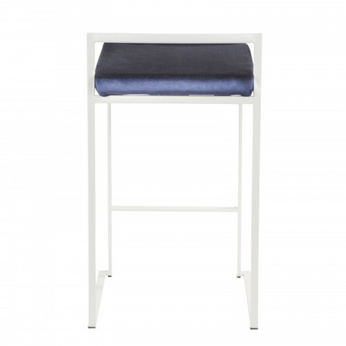 Set of 2 Contemporary Stackable Counter Stools in White with Blue Velvet Cushion Fuji