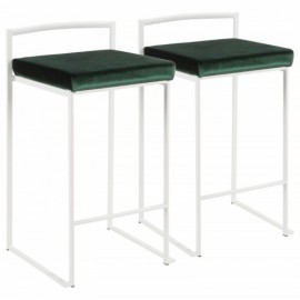 Set of 2 Contemporary Stackable Counter Stools in White with Green Velvet Cushion Fuji