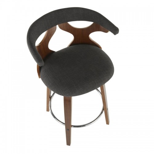 Set of 2 Mid-Century Modern Counter Stools in Walnut and Charcoal Fabric Gardenia