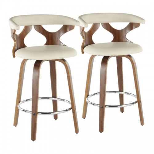 Set of 2 Mid-Century Modern Counter Stools in Walnut and Cream Faux Leather Gardenia