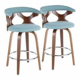 Set of 2 Mid-Century Modern Counter Stools in Walnut and Teal Fabric Gardenia