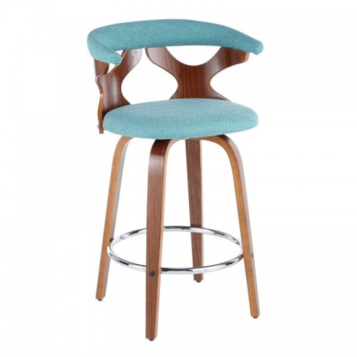 Set of 2 Mid-Century Modern Counter Stools in Walnut and Teal Fabric Gardenia