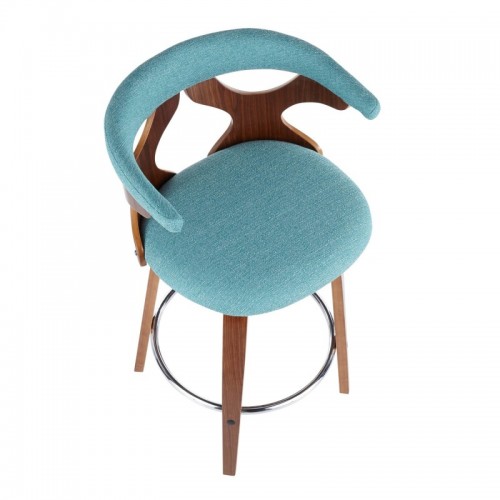 Set of 2 Mid-Century Modern Counter Stools in Walnut and Teal Fabric Gardenia