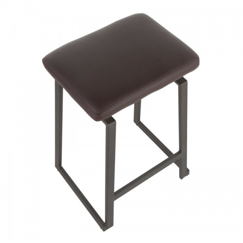 Set of 2 Industrial Upholstered Counter Stools in Antique Metal and Brown Faux Leather Geo