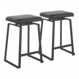 Set of 2 Industrial Upholstered Counter Stools in Black Metal and Black Faux Leather Geo