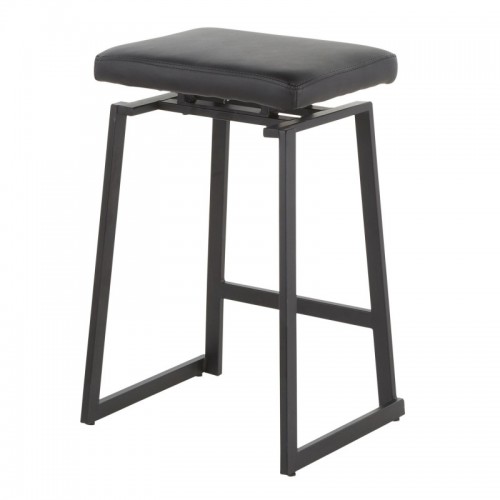Set of 2 Industrial Upholstered Counter Stools in Black Metal and Black Faux Leather Geo
