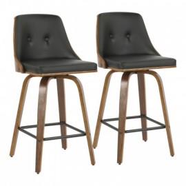 Set of 2 Mid-Century Modern Counter Stools in Walnut with Black Faux Leather Gianna