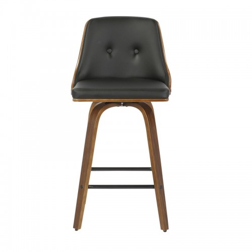 Set of 2 Mid-Century Modern Counter Stools in Walnut with Black Faux Leather Gianna