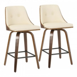 Set of 2 Mid-Century Modern Counter Stools in Walnut with Cream Faux Leather Gianna