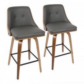 Set of 2 Mid-Century Modern Counter Stools in Walnut with Grey Faux Leather Gianna