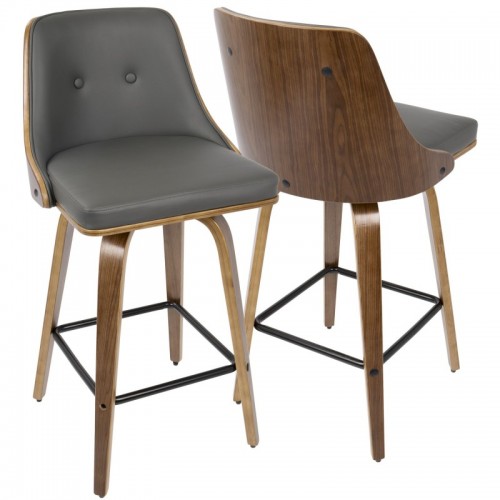 Set of 2 Mid-Century Modern Counter Stools in Walnut with Grey Faux Leather Gianna