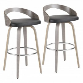Set of 2 Mid-Century Modern Bar stools with Light Grey Wood and Black Faux Leather Grotto
