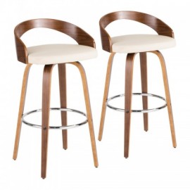 Set of 2 Mid-Century Modern Bar stools in Walnut and Cream Faux Leather Grotto