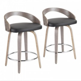 Set of 2 Mid-Century Modern Counter Stools with Light Grey Wood and Black Faux Leather Grotto