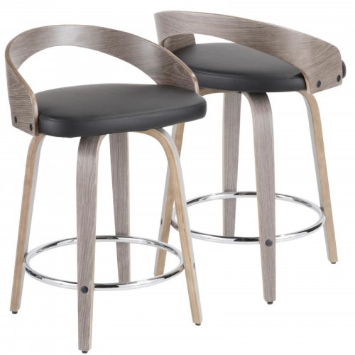 Set of 2 Mid-Century Modern Counter Stools with Light Grey Wood and Black Faux Leather Grotto