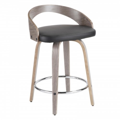 Set of 2 Mid-Century Modern Counter Stools with Light Grey Wood and Black Faux Leather Grotto