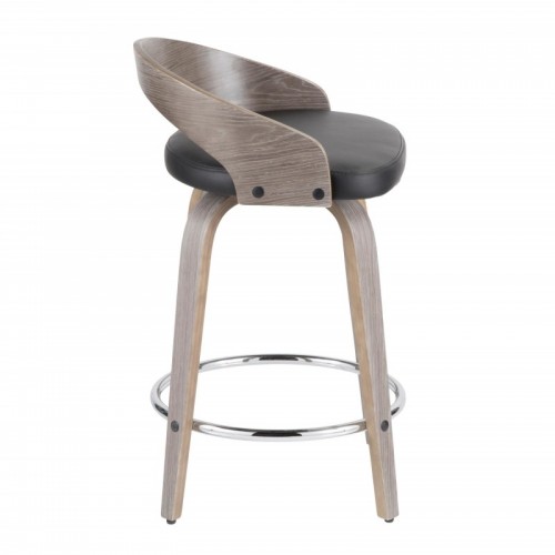 Set of 2 Mid-Century Modern Counter Stools with Light Grey Wood and Black Faux Leather Grotto