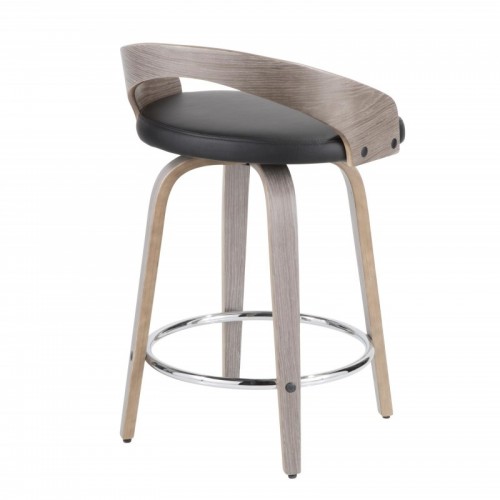 Set of 2 Mid-Century Modern Counter Stools with Light Grey Wood and Black Faux Leather Grotto